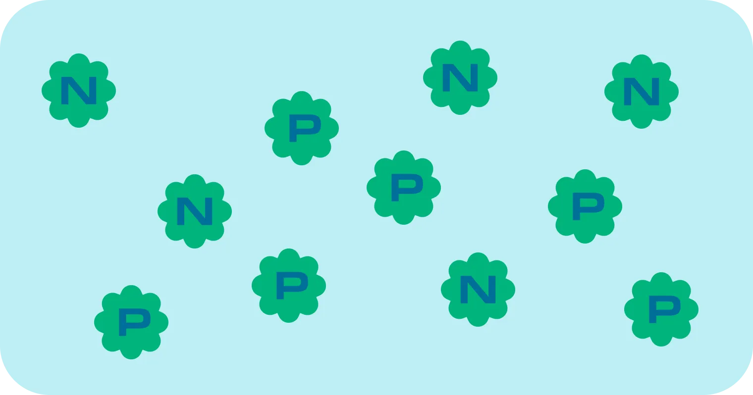 A light blue background featuring repeated green flower shapes with the letters "N" and "P" to symbolize nitrogen and phosphorus.