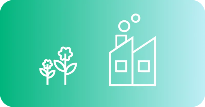 A simple illustration contrasting nature with flowers on the left and a factory emitting smoke on the right, symbolizing eco-friendly themes.