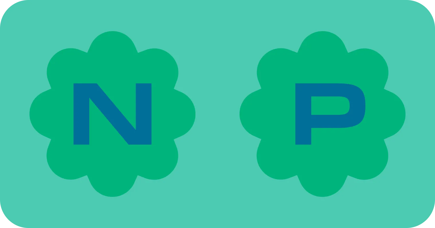 Two blue letters "N" and "P" on a green background, surrounded by flower-like shapes, representing different concepts or categories.