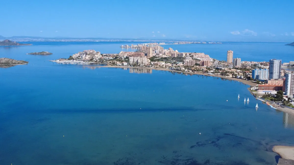 Vista aérea de un vibrante horizonte urbano que se encuentra con la extensión azul del océano bajo un cielo despejado.